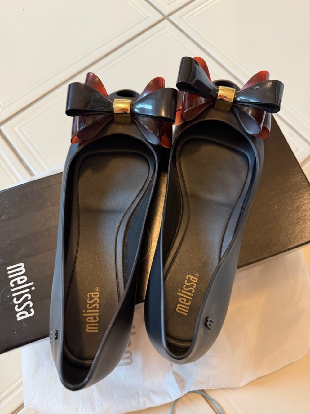 Melissa Black Jelly Flats with Brown-Toned Layered Bow and Gold Accent